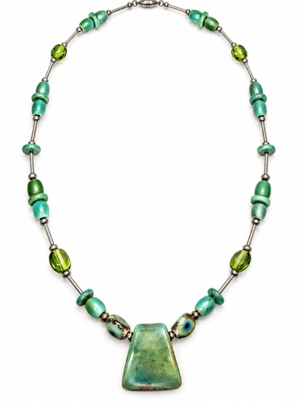 Artisan Green Ceramic Glass Beaded Pendant Necklace Barrel Clasp 28”